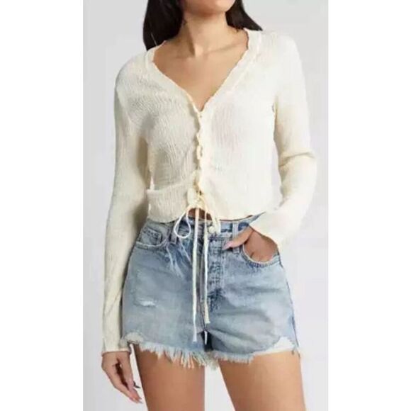Topshop Long Sleeve Textured‎ Lace Up Top In Ivory Size US 10 NWT - Picture 1 of 10
